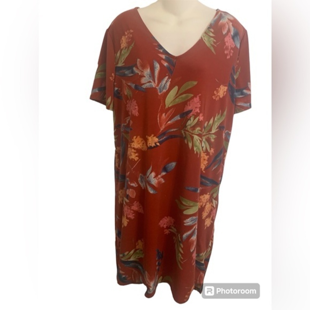 Christian Siriano Dress Large Red Tropical Floral Women Short Sleeve